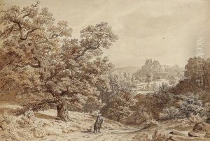Waldlandschaft Mit Reiter Und Blick Auf Eine Burg by Ferdinand Keller