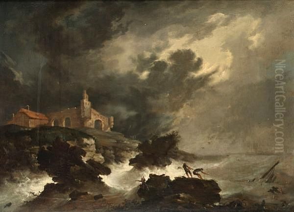 A Rocky Coastline With A Shipwreck In Stormy Seas - view 1