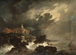 A Rocky Coastline With A Shipwreck In Stormy Seas by Johann Sigmund Keller