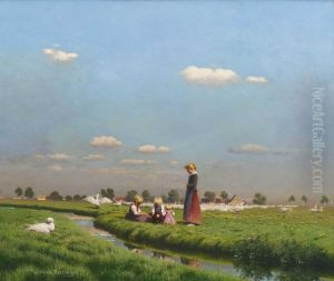Gansehirtin Mit Kindern Am Wiesenbach by Paul-Wilhelm Keller-Reutlingen