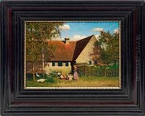 Idyll Mit Spielendenkindern Und Gansen Vor Einem Bauernhaus by Paul-Wilhelm Keller-Reutlingen