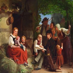 The Young Painter Is Portraying A Mother And Her Child In The Village by Franz Kels