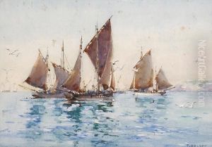 Fishing Boats Off A Coast by Frank Kelsey