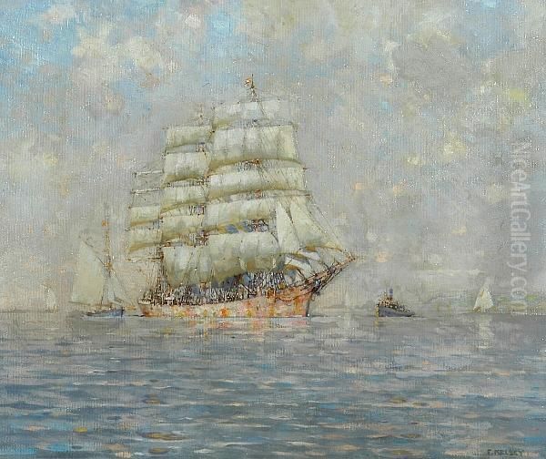 A Fully Rigged Ship And Other Vessels Off A Coastline - view 1