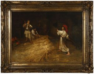 Children Bundling Wheatin A Barn Interior by Jeno Kemendy