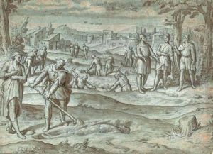 Figures Unearthing A Corpse, With Other Figures In The Background,a City Beyond