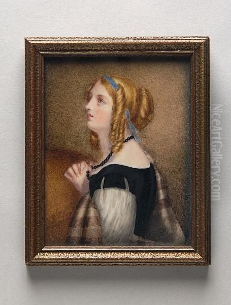A Young Lady Praying, Having Fair Hair Tied With A Blue Ribbon And Wearing A Black And White Gown With Brown Striped Shawl - view 1