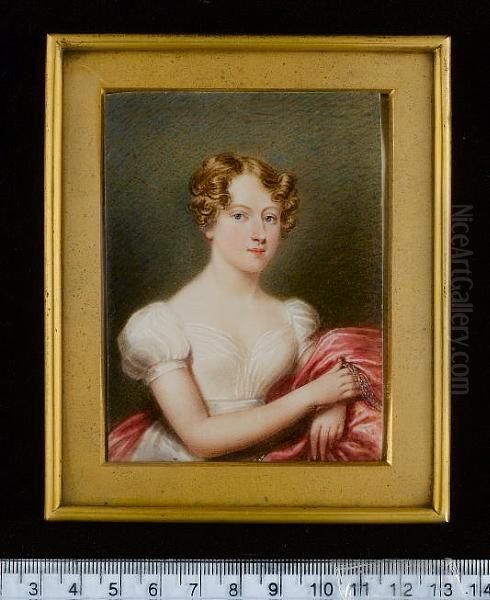 A Lady, Wearing White Dress With Short Puff Sleeves And Cerise Cloak With Embroidered Trim - view 1