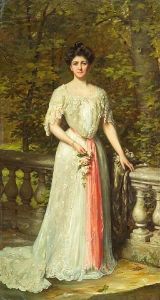 A Portrait Of A Lady In A White Dress With A Pink Sash By A Balustrade