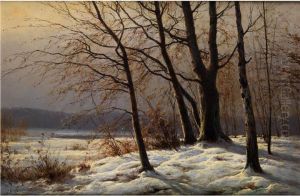 Winterliche Waldlandschaft Mit Jungenbaumen Am Waldrand by Carl Kenzler