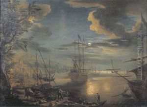 A Moon-lit Mediterranean Harbour View With Fishermen And Travellerson A Quay, Shipping Beyond