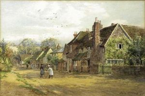 A Village Street With Two Children With A Hoop by Frederick B. Kerr