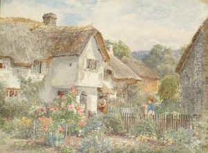 Women Tending A Garden Before A Country Cottage