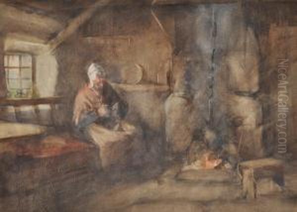 A Woman Knitting By A Fireplace - view 1