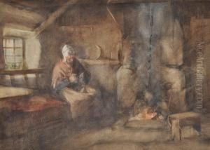 A Woman Knitting By A Fireplace by Henry Wright Kerr