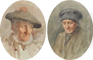 Elderly Scottish Man In Traditional Tam And Elderly Woman In A Cap by Henry Wright Kerr