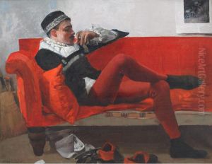 Actor In Shakespearean Costume Lounging On A Redsofa by James Kerr-Lawson