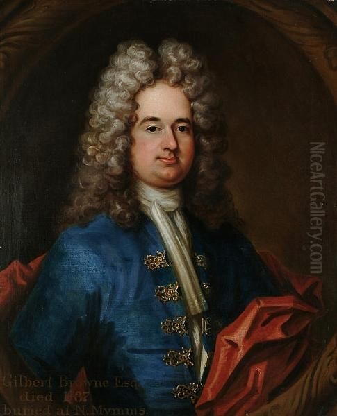 Portrait Half Length Of Gilbert Browne, Wearing A Blue Coat With Gold Embroidery And A White Stock, In A Painted Cartouche - view 1
