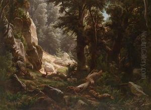Red Deer In A Woodland by August Kessler