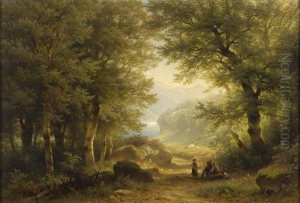 Bewaldete Seenlandschaft Mit Rastendem Landvolk. - view 1