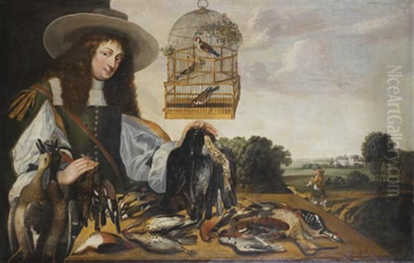 Portrait D'un Chasseur Devant Une Table Recouverte De Gibier : Becasse, Pic-vert, Perdrix Rouges, Bouvreuil, Perdrix Grises Et Canards - view 1