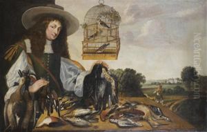 Portrait D'un Chasseur Devant Une Table Recouverte De Gibier : Becasse, Pic-vert, Perdrix Rouges, Bouvreuil, Perdrix Grises Et Canards