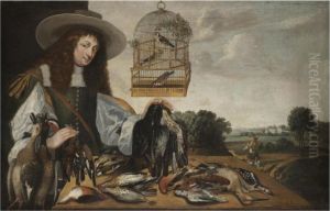 A Huntsman With The Spoils Of The Chase And Three Finches In Abirdcage