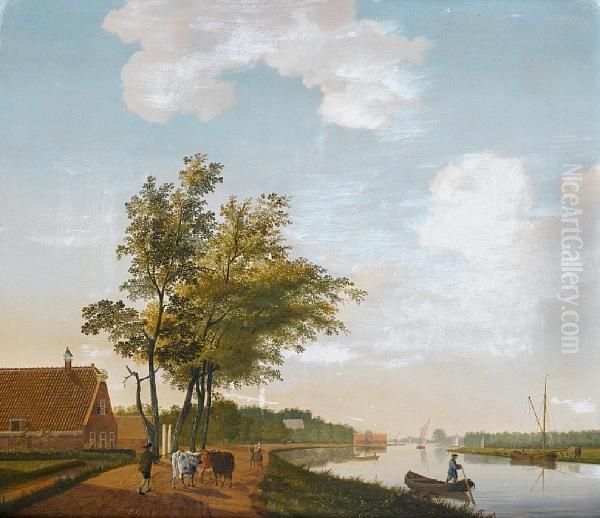 An Extensive River Landscape With A Drover Andhis Cattle On A Country Path - view 1