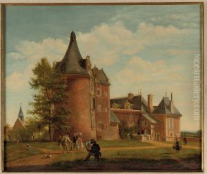 A Castle In A Landscape With Hunters, A Milkmaid, Figures Walkingand A Man Painting