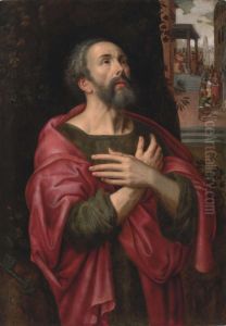Saint Peter Penitent, With Christ Before Pilate And The Denial Of Saint Peter Beyond by Adriaen Thomasz I Key
