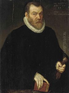 Portrait Of A Gentleman, Half-length, In Black Robes With Whiteruff, A Book In His Right Hand And A Glove In His Left Hand, At Aparapet