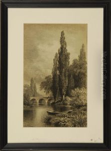Fisherman On A River With Distant Bridge by John Ross Key
