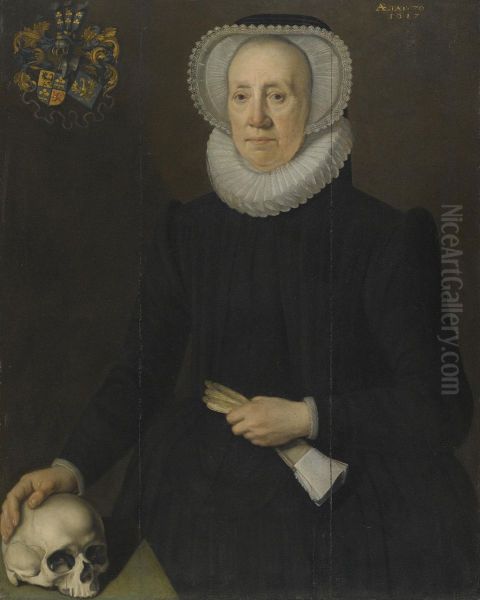 Portrait Of An Elderly Lady Of The Van Heemstra Family Of Friesland, Holding A Pair Of Gloves And With Her Right Hand Resting On A Skull - view 1