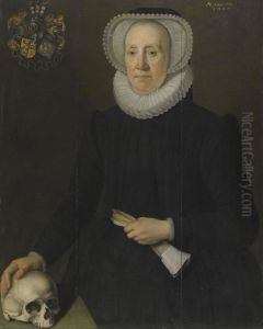 Portrait Of An Elderly Lady Of The Van Heemstra Family Of Friesland, Holding A Pair Of Gloves And With Her Right Hand Resting On A Skull by Willem Adriaensz Key