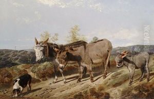 Donkeys On A Moorland Track, A Dog In The Foreground by Friedrich Wilhelm Keyl