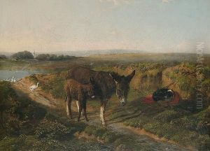 Donkeys On A Track, A Dog Resting Nearby by Friedrich Wilhelm Keyl