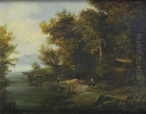 Waiting Forthe Ferry, A Wooded Landscape With Figures