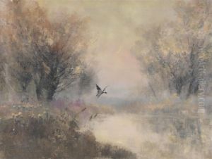 Misty Lake With Duck Landing by Lazlo Kezdy Kovacs