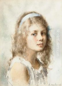 Portrait Of Young Girl With Blue Ribbon by Alexei Alexeivich Harlamoff