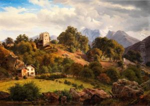 Sudalpine Landschaft Mit Zinnenbekrontem Rittergutturm UndDarunter Stehendem Bauerngehoft Mit SteinbelegtemSchindeldach by Frederik Kiaerskou