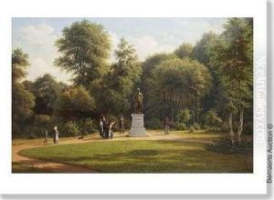 Scene De Parc Avec Statue D'adam Wilhelm Moltke Admiree Par Plusieurs Observateurs. by Frederik J.C. Kiaerskou