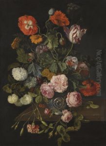 A Still Life With Parrot Tulips, Poppies, Roses, Snow Balls, And Other Flowers In A Glass Vase Over A Stone Ledge by Cornelis Kick