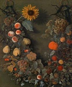 Einblumengebinde Mit Einer Sonnenblume Und Fruchten by Cornelis Kick
