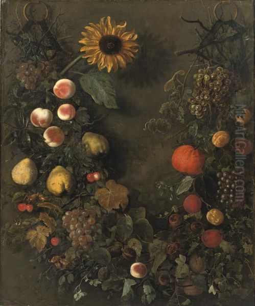 A Fruit Garland With Grapes, Peaches, Mandarins, Cherries, Pears And Other Fruit, With Butterflies And A Sunflower - view 1