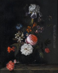 Roses, An Iris, Carnations And Other Flowersin A Glass Vase On A Stone Ledge by Cornelis Kick