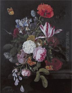 Still Life With Peonies, Roses, Irises, Poppies And A Tulip With Butterflies, A Dragonfly And Other Insects On A Ledge by Cornelis Kick