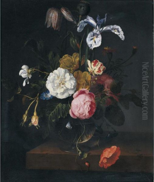A Still Life Of Roses, Poppies, Ranunculus, Fritillaria, Geranium, Iris And Other Flowers In A Glass Vase On A Ledge - view 1