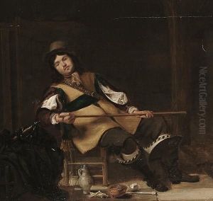A Cavalier Seated, Holding A Cane, In A Guardroom, With A Flagon And Smoking Implements At His Feet by Simon Kick