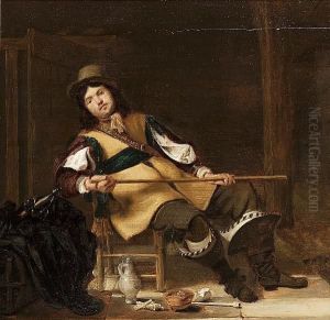 A Cavalier Seated, Holding A Cane, In A Guardroom, With A Flaggon And Smoking Implements At His Feet by Simon Kick