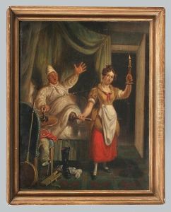 A Gentleman In Night Attire Being Pulled From His Bed By The End Of His Wooden Leg By A Woman Holding A Candlestick